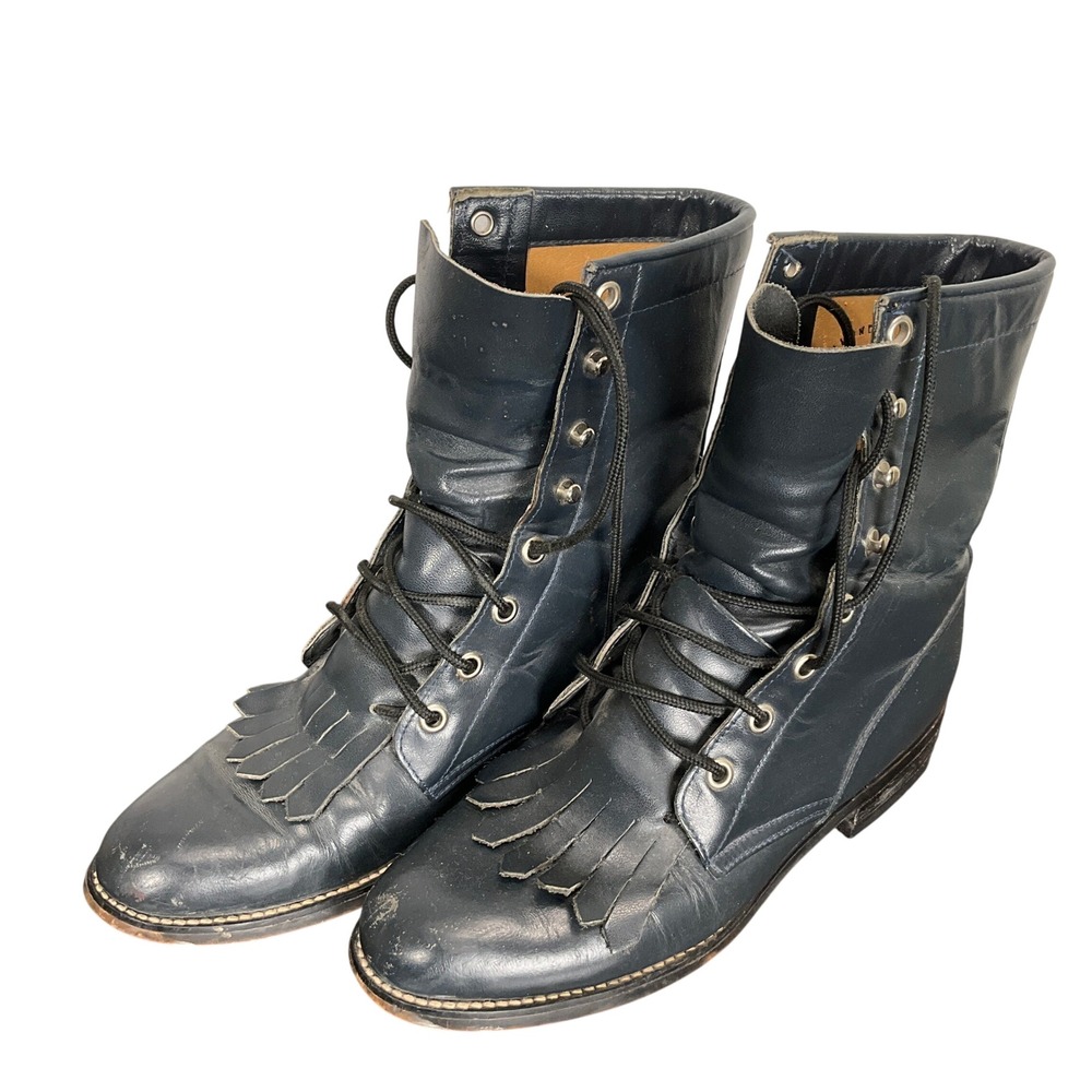 Justin Diamond J Boots Women 5C Navy Blue Kiltie Leather Lace Up Witchygoth VTG